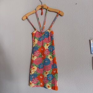 Zara Smocked Bodycon Strappy Mini Dress Colorful Floral Print Size Small